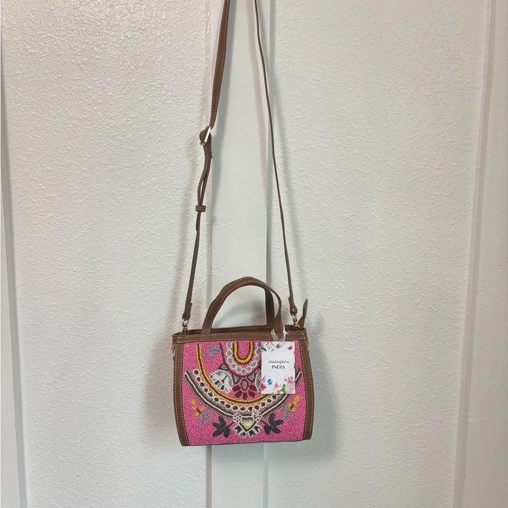 NWT Anthropologie Crossbody Bag Pink and Brown with Boho Embroidery - Picture 9 of 11